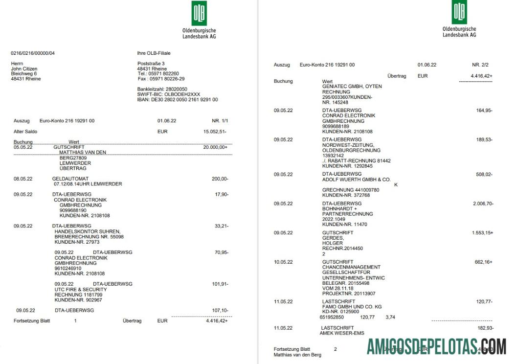 Extrato do Banco Oldenburgische da Alemanha em alemão, modelo de 3 páginas